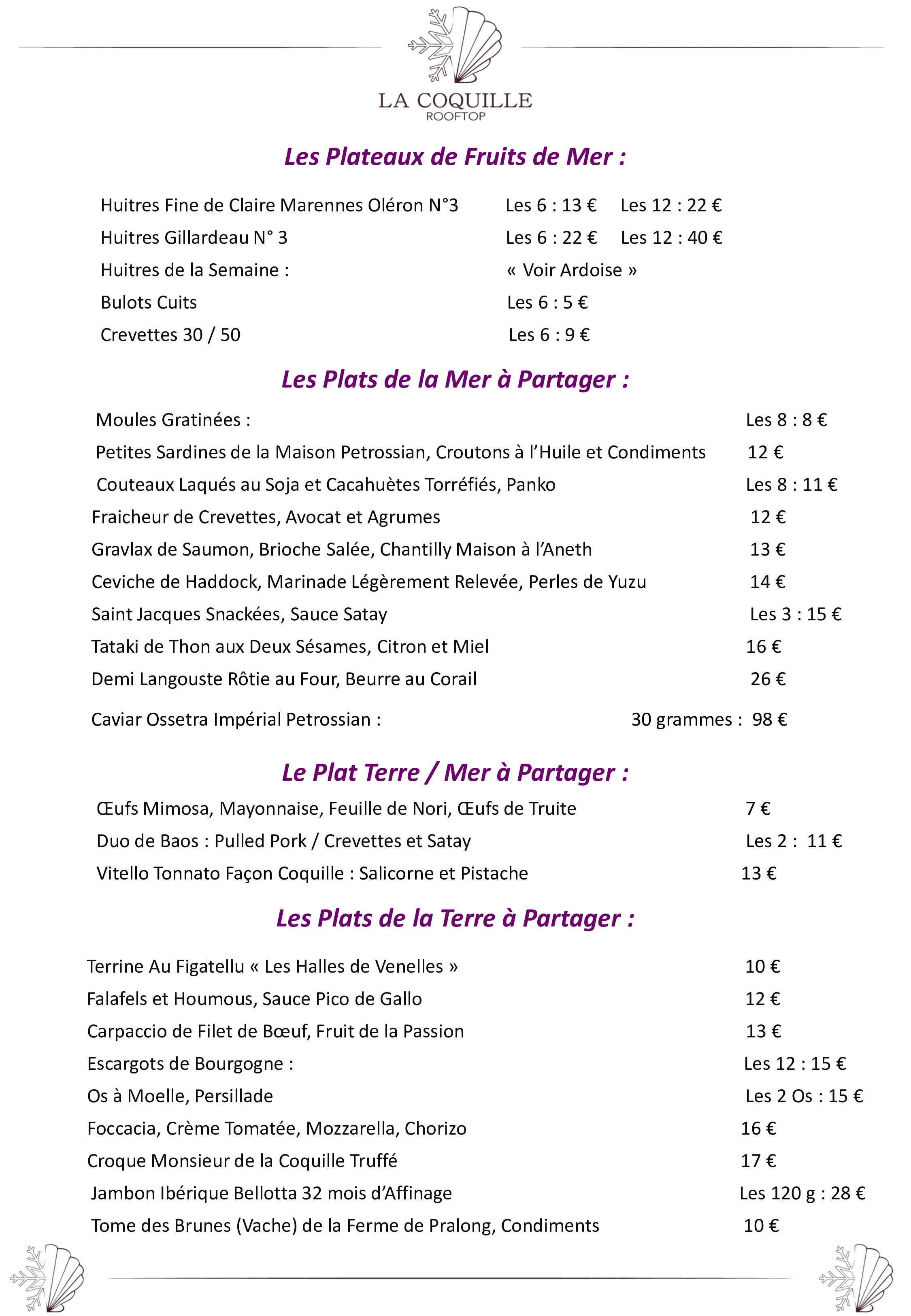 Menu diversifié de notre restaurant à Serre Chevalier, présentant une sélection alléchante de plats à partager, avec des coquillages frais et des spécialités terrestres, idéal pour des repas de groupe ou des soirées conviviales Restaurant Chantemerle