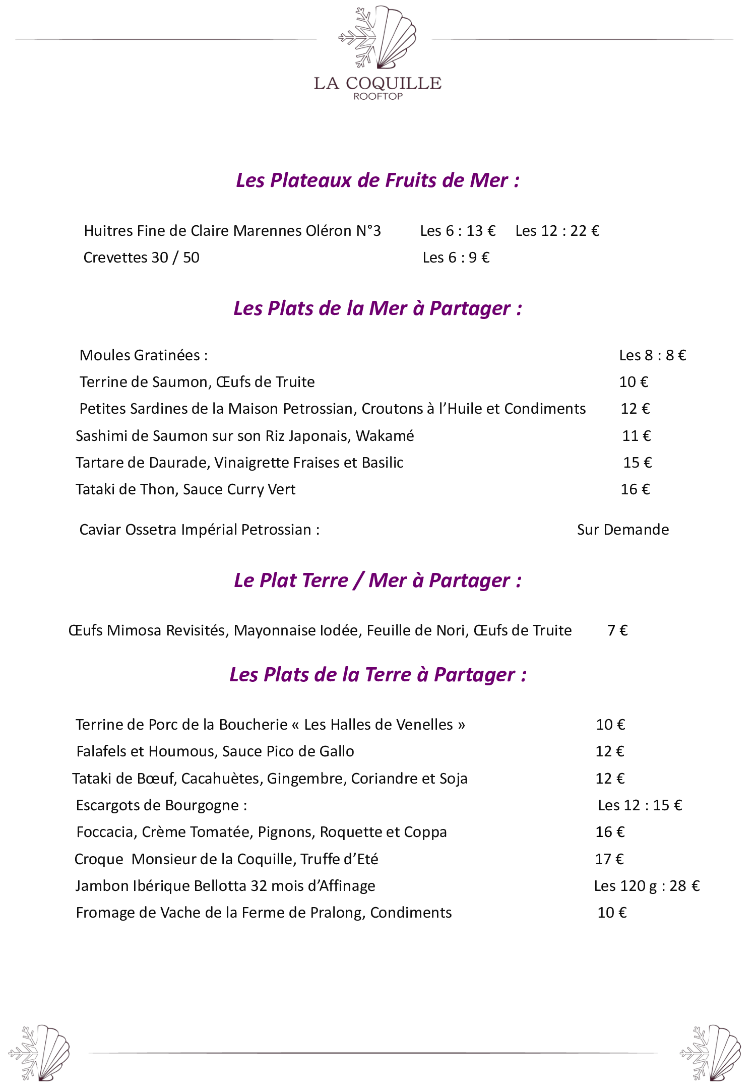 Menu diversifié de notre restaurant à Serre Chevalier, présentant une sélection alléchante de plats à partager, avec des coquillages frais et des spécialités terrestres, idéal pour des repas de groupe ou des soirées conviviales Restaurant Chantemerle